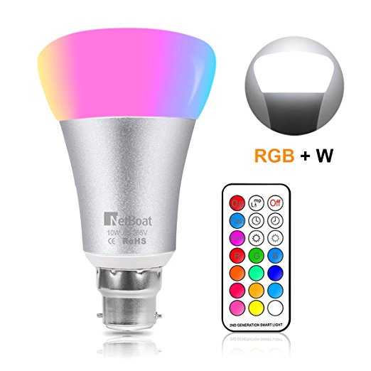 NetBoat Colour Changing Light Bulb B22, 10W Bayonet Led Colour Bulb Dimmable with Remote Control,12 Colours  Daylight White 6500K Dual Memory Function Timing light for Party Bar Stage Bedroom Mood Ambiance Lighting