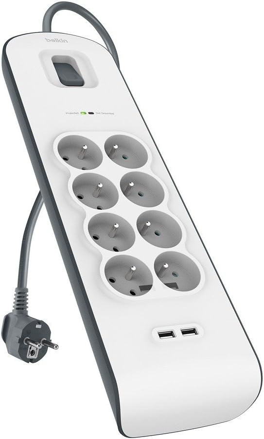 Belkis BSV804ca2M - Protector de sobretensión (8 salidas, 2x USB 2.0, 2 m), blanco