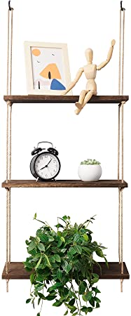 POTEY Wall Hanging Plant Shelf 3 Tier Wood Brown Floating Shelves Indoor with Rope Rustic Storage Rack Succulents Home Decor for Window/Kitchen/Bathroom/Bedroom