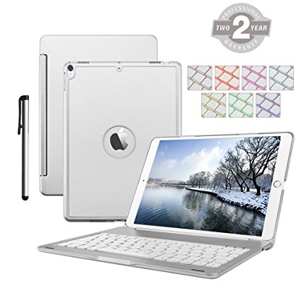 iPad Pro 10.5 Keyboard Case, Daphnee Protective Hard Shell Case Smart Cover with 7 Colors Backlit Bluetooth Keyboard,Auto Sleep/Wake,Free Protector and Stylus for Apple iPad Pro 10.5 inch 2017(Silver