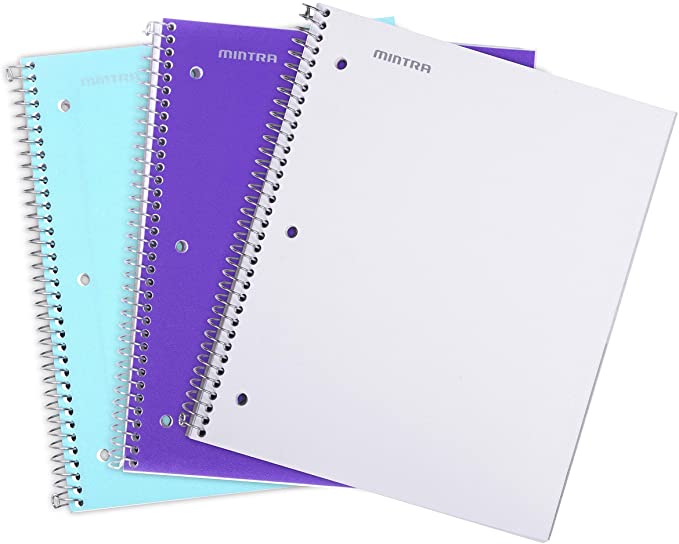 Mintra Office Durable Spiral Notebooks, 1 Subject, (Teal, Purple, White, College Ruled 3 Pack), 100 Sheets, Poly Pocket, Moisture Resistant Cover, School, Office, Business, Professional