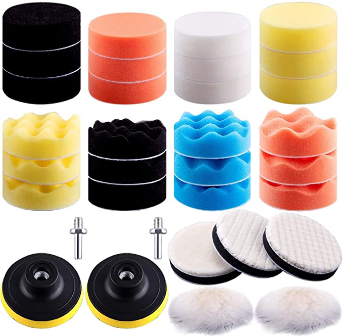 VASLON 33Pcs/lot 3 inch Car Polishing Buffing Waxing Kit Polisher Sponge Pads Set with Drill Adapter for Vehicle Waxing Boat Polishing(24 Pads 2 Drill Adapters 2 Suction Cups 3 woolen fiber polishing pads)