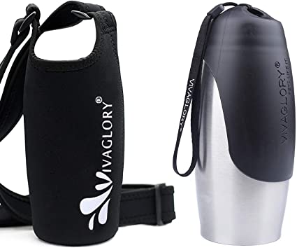 VIVAGLORY 25oz Leakproof Stainless Steel Dog Water Bottle and Black Neoprene Water Bottle Carrier with Adjustable Wide Shoulder Strap