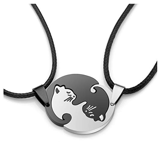 Jovivi 2pcs Stainless Steel Black and White Yin yang Matching Puzzle Cat Couples Necklaces for Lover