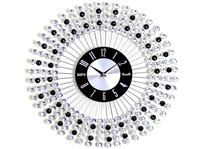 LIVIVO FiNeWaY@ NEW STYLISH 43CM BLACK DIAMANTE BEADED JEWELED ROUND SUNBURST METAL WALL CLOCK