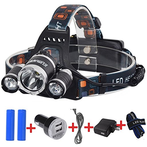 4 Modes LED Headlamps, kuman 3000 lm Waterproof Rechargeable Flashlight for Hiking Camping Fishing Hunting and More