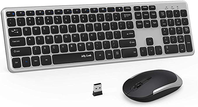 Wireless Keyboard and Mouse, Jelly Comb 2.4GHz Ultra Thin Full Size Wireless Keyboard Mouse Combo Set with Number Pad for Computer, Laptop, PC, Desktop, Notebook, Windows 7, 8, 10 (Black and Silver)