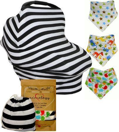 4 in 1 Baby Car Seat Cover   Bandana Drool Bib Gift Set w/ Drawstring Carry Bag includes Three Bandana Drool Bibs Nursing Cover Shopping Cart Cover High Chair Cover in Unique Gift bag
