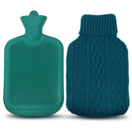 AZMED Classic Hot Water Bottle Made of Premium Rubber Ideal for Quick Pain Relief and Comfort Knitted Bottle Cover Included 2 Liters Green