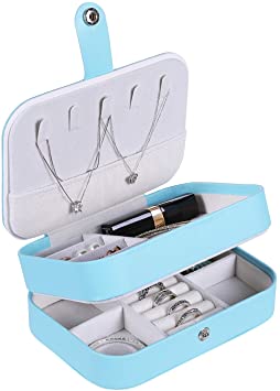 homing Travel Jewelry Organizer Box for Women, Double Layer Jewelry Box PU Leather Jewelry Case with Mirror for Earring Necklace Rings, Blue