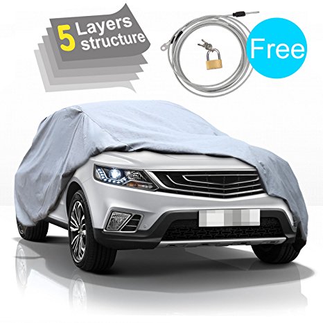 5 Layer SUV Car Cover-Durable Lightweight, Waterproof Windproof for Indoor Outdoor, Rain, Snow, Dust, Ice, Sun UV Weather Prevention, Free Windproof Ribbon & Anti-theft Lock, Fits up to 182"
