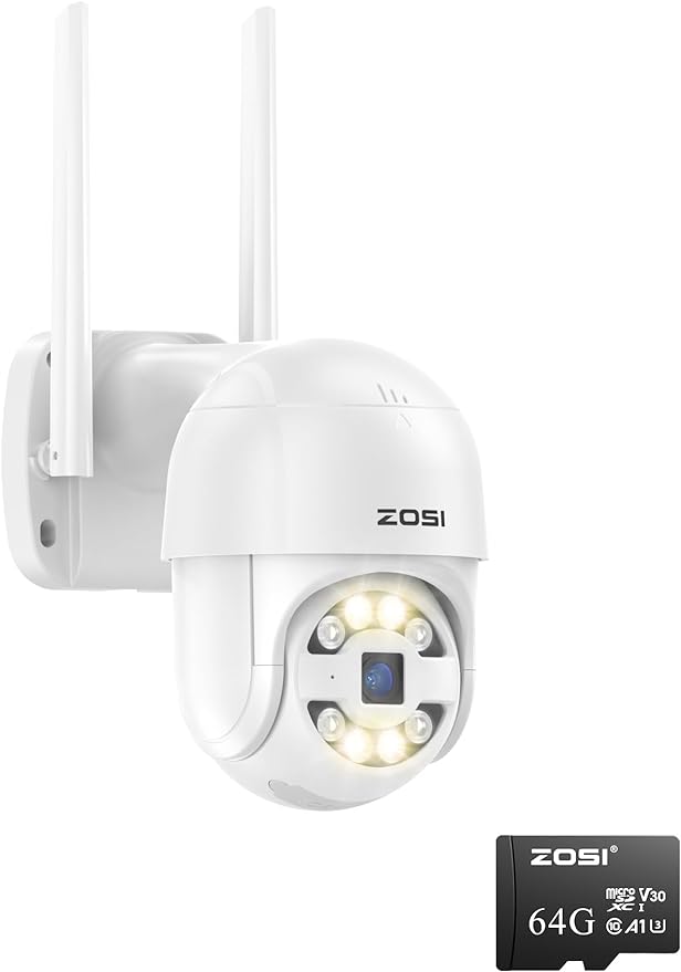 ZOSI C289 Plug-in Wireless Auto Tracking PT Camera Outdoor, Color Night Vision, 5X Digital Zoom, AI Human Vehicle Detection and Siren Alarm, Pan/Tilt 1080p Wired Camera (64GB SD Card)