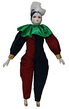 Porcelain dolls Pierrot 15 Inches, with green, blue, and red clothing, gold sleeves, with feather on top of hat