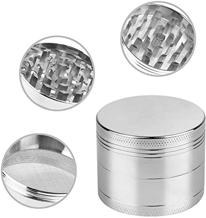 GPCT [Stainless Steel] Tobacco Herb Spice Grinder. 4.9 CM Tall, 4 Pieces, 3 Chambers, Pollen Catcher, Stive Scraper Included [Durable] Zinc Alloy Magnetic Top- Silver