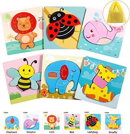 Wooden Puzzles for Toddlers 1 2 3 Years Old, (6 Pack) Animal Jigsaw Puzzles Kids Early Educational Toys Gifts for Boys & Girls with Storage Bag