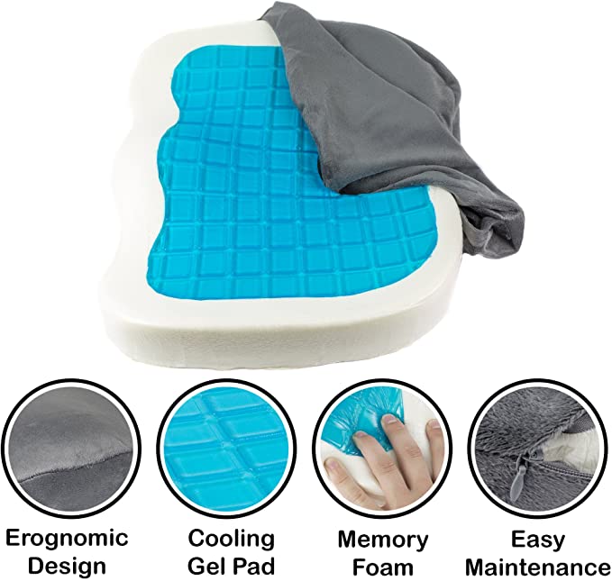 Orthopedic Gel Comfort Memory Foam Seat Cushion, Non-Skid Bottom, Office Chair Wheelchairs and Car Gel Seat Pads, for Coccyx Lower Back Support, to Relieve Back & Tailbone Pain and Sciatica (Grey)