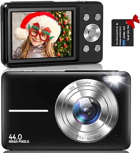 Digital Camera, Nsoela Vlogging Camera Rechargeable Digital Cameras FHD 1080P 44MP Compact Camera with 16X Digital Zoom, Portable Mini Camera with 1 Battery for Teens,Kids,Beginners（Black）