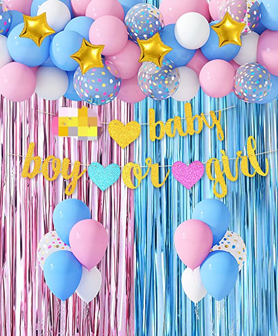 Gender Reveal Party Decoration Supplies, Blue Pink Gold Confetti Latex Balloon Garland Kit Glitter Boy Or Girl Banner Metallic Fringe Curtains for Gender Reveal Baby Shower Party Decorations