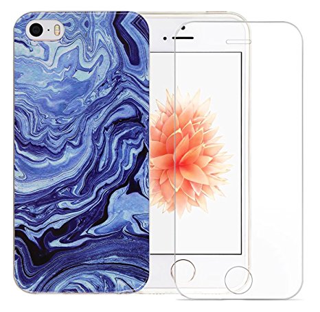 Iphone 5 / 5s Case, Iphone SE Case, A-Focus Marble Design Ocean Blue Creative Sli Fit Soft Flexible TPU Case   Tempered Glass Screen Protectpor for Iphone 5S / 5 / SE ( Blue )