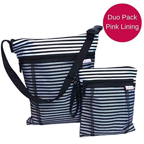 Waterproof Wet and Dry Bag Duo Pack - Best for Cloth Diapering, Swimming, Potty Training - With Waterproof Seams, 2 Pockets and Handy Straps - Medium and Large (Raspberry Pink PUL pull-out liner)