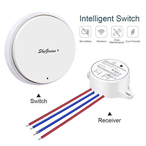 Wireless Light Switch Kit, Remote Solution for Adding or Relocate Switch Anywhere, Cordless Control by Battery-free(Self-powered) RF Transmitter