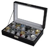 Sodynee Watch Box Large 12 Mens Black Pu Leather Display Glass Top Jewelry Case Organizer