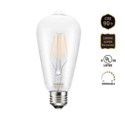 Arvidsson LED Vintage Edison [Sapphire] Filaments Bulb 4W 400Lumens [CRI90 ] Dimmable [1800K Romantic Warm Glow] ST64/ST21 [Anti-Glare Clear Glass] UL Listed for Antique Lighting Fixtures