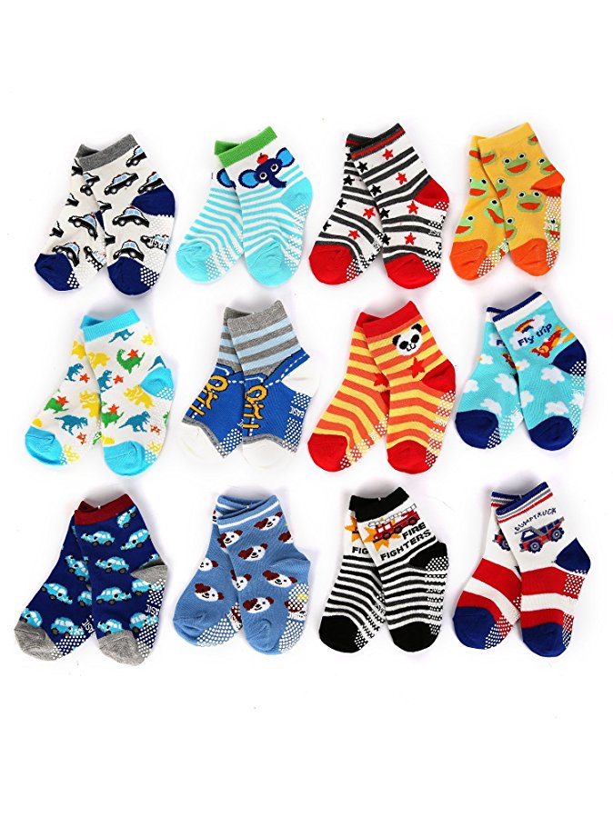 Non-skid Baby Cotton Crew Socks for Unisex Toddler Boys Girls,12 Pairs or 10 Pairs,Assorted