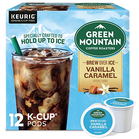 Green Mountain Coffee Roasters Brew Over Ice Vanilla Caramel, Single Serve Keurig K-Cup Pods, Flavored Iced Coffee, 12 Count