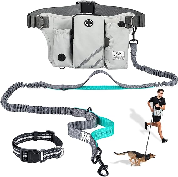 SHINE HAI Retractable Hands Free Dog Leash with Dual Bungees for Dogs up to 150lbs, Adjustable Waist Belt, Reflective Stitching Leash for Running Walking Hiking Jogging Biking - Gray