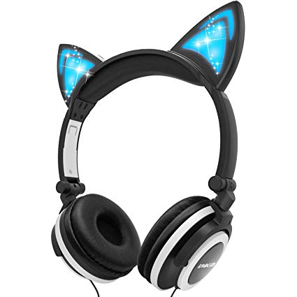Kids Headphones Gaming Headset with Cat Ear, Lobkin Wired Headphones On Ear Portable Headphones Foldable Headphone with Glowing Light Extra Battery for phone,Samsung, Kindle Fire, iPad Tablets