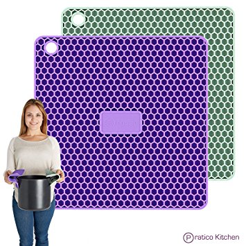 PratiPad PLUS 4-in-1 Multipurpose Silicone Pot Holders, Trivets, Jar Openers, & Spoon Rests - Extra Thick Protection - Set of 2 - Purple/Grey
