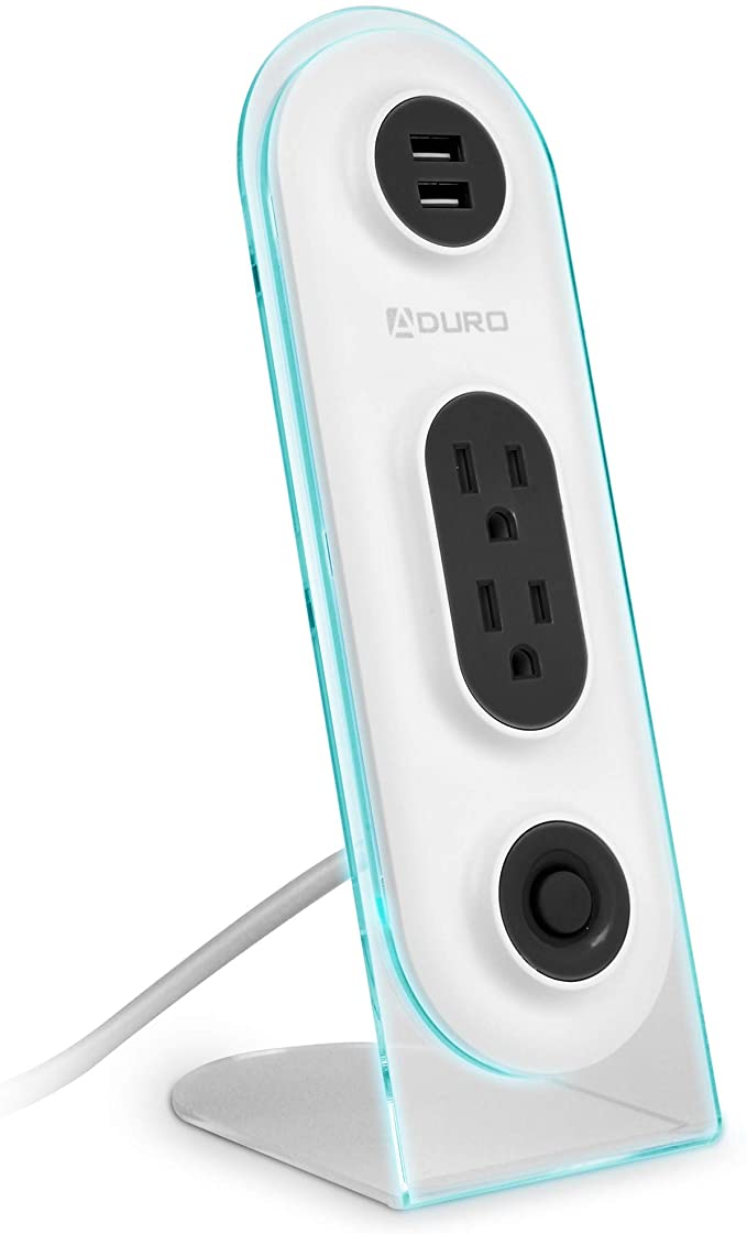 Aduro Dual USB 2 Outlet Power Strip Charging Desktop Stand Hub Extension for Phone, Laptop, with Surge Protection, Power Button, 4ft Cord - White/Black