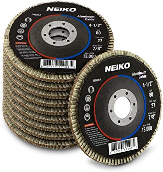 Neiko 11108A Aluminum Oxide Flap Disc | 4.5" x 7/8-Inch, 80 Grit, Flat Type #27-10 Pack