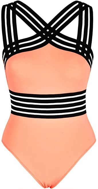 Hilor Women's One Piece Swimwear Front Crossover Swimsuits Hollow Bathing Suits Monokinis