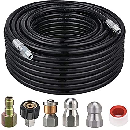 TTLIFE Sewer Jetter Kit for Pressure Washer -100 FT 5800 PSI Drain Cleaning Hose, Including 100 Foot Hose, 1/4 inch NP，Tangle, Rotation, Button Type Sewer Nozzle and Waterproof Tape