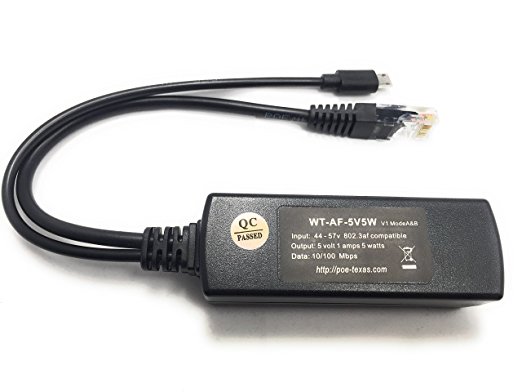 802.3af Compatible PoE Splitter With 5 Volts Output. Power Over Ethernet for Dropcam, Raspberry Pi, or 5v Devices To 328 Feet From a PoE Switch, 5 Watts Output WT-AF-5v5w