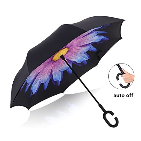 Reverse & Inverted Umbrella Automatic Windproof ,Travel UV Proof Folding for Women/Men(Purple Daisy)