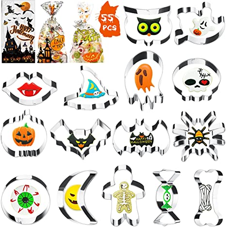 15PCS Large Halloween Cookie Cutters Set   40PCS Halloween Cellophane Bags, Holiday Cookie Cutters Molds for Baking with Shapes Pumpkin, Ghost, Bat, Witch Hat Trick or Treat Supplies Party Decorations