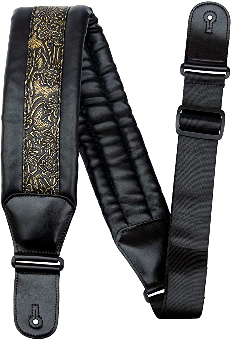 Guitar Strap Neoprene Soft 3.5in for Bass Acoustic Electric Guitar Leather Top (gold)