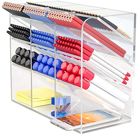 Acrylic Desk Organizer Multi-Functional DIY Pen Holder Box Clear Desktop Stationary Organizer Storage Rack for School Home Office Art Supplies