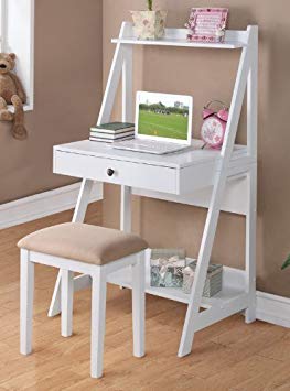 Poundex PDEX-F4684 Writing Desk and Stool w/White Color Finish Pine Wood