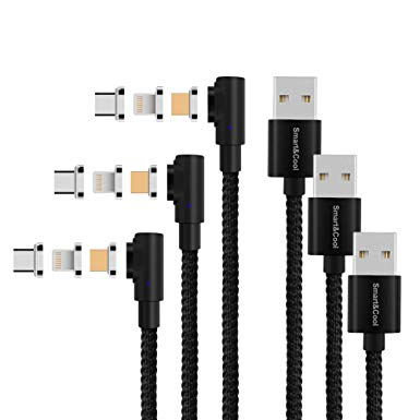 Smart&Cool GenX Nylon Braided 3 in 1 Max 3.0A Fast Charging & Data Sync Magnetic Cable Compatible with USB-C Phones, i-Product and Micro-USB Interface Phones & Tablets (L-Shaped/Black, Pack of 3/5')