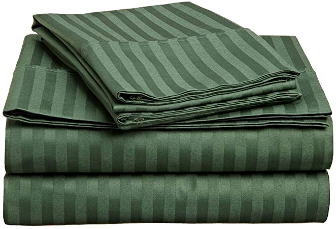 Superior 300 Thread Count 100% Premium Combed Cotton, 4-Piece Bed Sheet Set, Deep Pocket, Single Ply, Sateen Stripe, King - Hunter Green