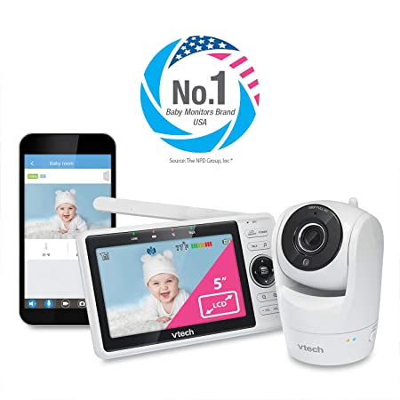 VTech VM901 WiFi Video Baby Monitor with Free Live Remote Access, 1080p Full HD Camera, 5" Screen, Pan Tilt Zoom, HD Night Vision, 2-Way Audio Talk, Motion & Temperature Alert, Work with iOS, Android