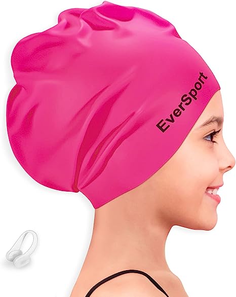EverSport Kids Youth Large Swim Cap for Girls 6-14, Long Hair Silicone Swimming Cap for Braids Keep Hair Dry