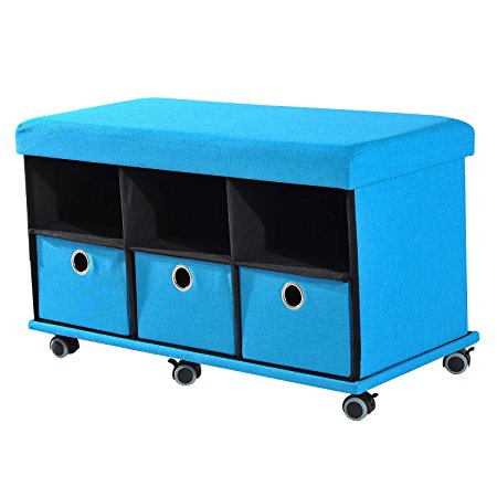 HomCom 30" 3 Drawer Folding Storage Ottoman Bench - Blue