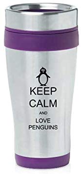 Purple 16oz Insulated Stainless Steel Travel Mug Z447 Keep Calm and Love Penguins by MIP