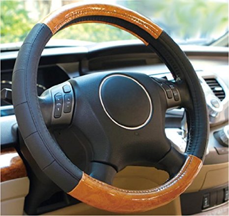 Kensun® Automotive Steering Wheel Cover - Classic Wood Grain/Black Leather and Odorless Inner Ring - 15.35in Diameter