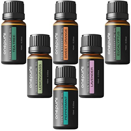 Onepure Aromatherapy Essential Oils Gift Set, 6 Bottles/ 10ml each, 100% Pure ( Lavender, Tea Tree, Eucalyptus, Lemongrass, Sweet Orange, Peppermint)